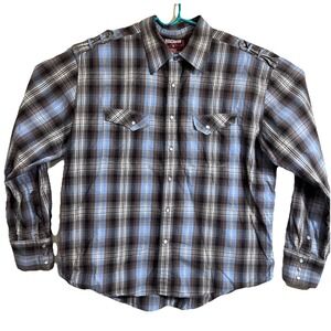 Rock & Roll Cowboy Shirt Mens XL Blue Brown Plaid Western Pearl Snap Embroidered